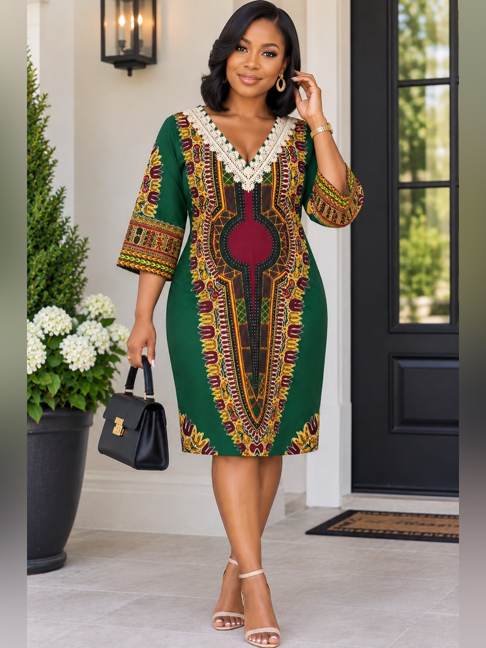 Green African Print Dashiki Dress with Lace Trim V  neck